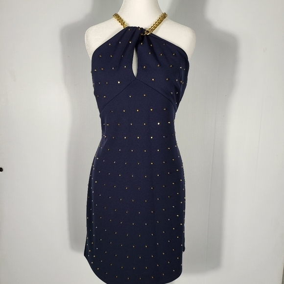 Michael Kors Stud Chain- Neck Mini Dress Navy Dress with Gold Studs - Picture 2 of 10